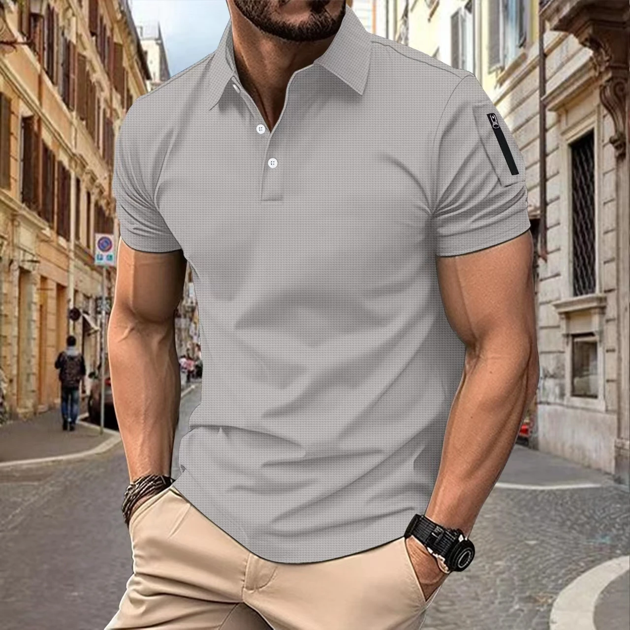 Summer new style fashion casual T-shirt ，Men\'s lapel top trend Comfortable solid color men\'s POLO shirt button arm zip pullover