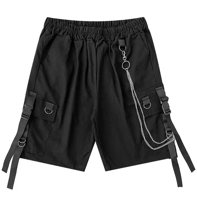 Mens Beach Shorts Ribbons Black Hip Hop Streetwear Casual Male Sportswear Shorts Homme Clothing 2022 Solid Men\'s Shorts Summer