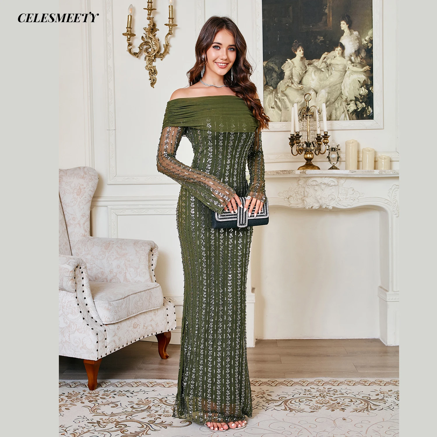 

Olive Green Elegant Maxi Long Sleeve Dresses Off The Shoulder Sequin Evening Prom Dress For Christmas, Party, Wedding