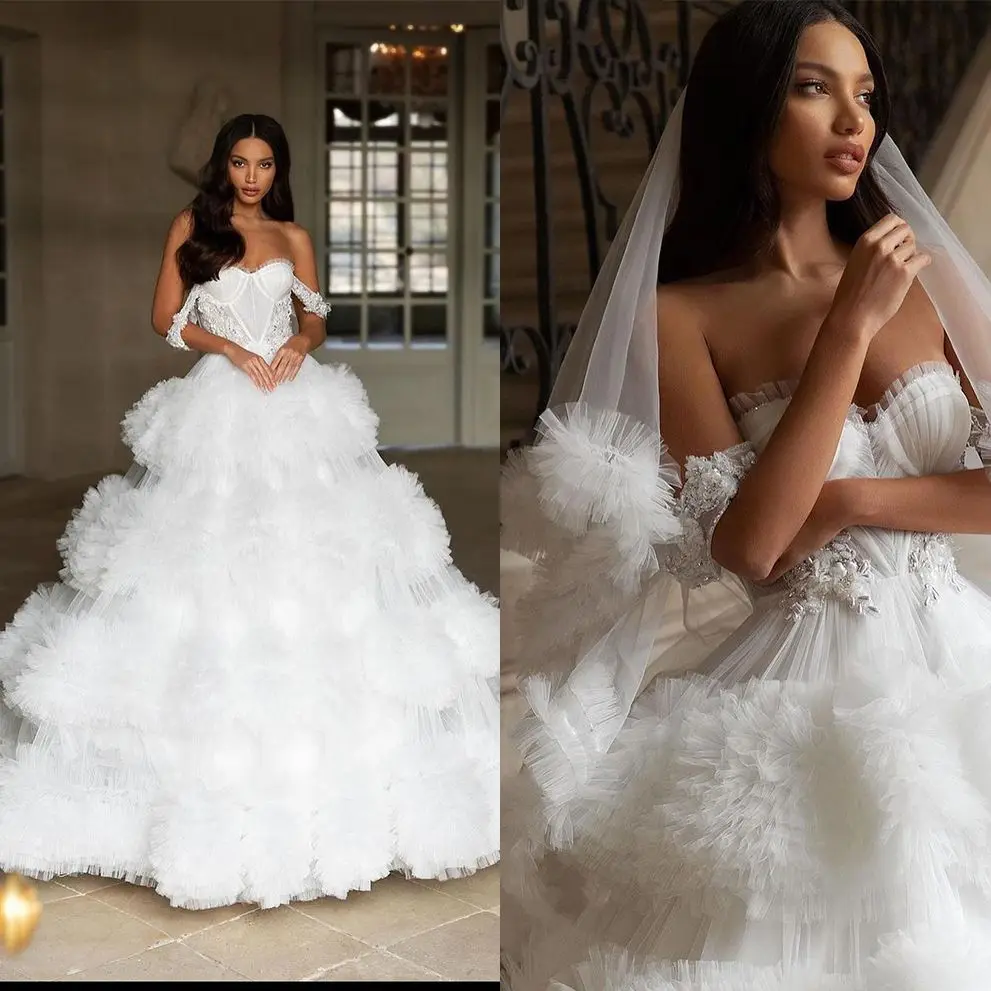 

Luxury Wedding Dress Custom Made Off The Shoulder Beads Crystal Ball Gown Tiered Ruffle Puffy Bridal Dresses