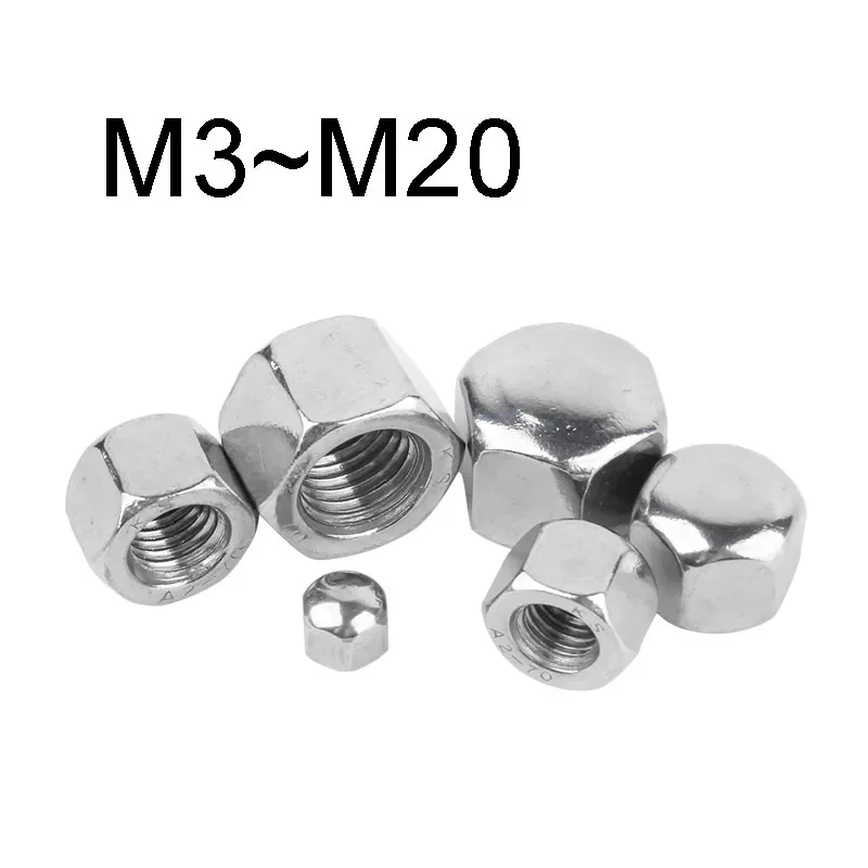 Tuercas bajas de cubierta hexagonal de acero inoxidable 304, 1 ~ 20 piezas, M3, M4, M5, M6, M8, M10, M12, M14, M16, M20, tuerca de bellota hexagonal de tipo cubierta baja