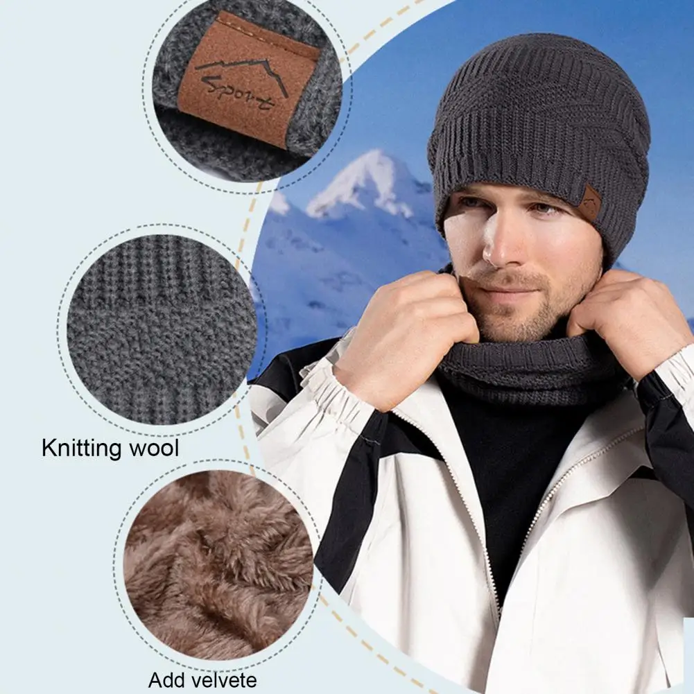 Men Winter Hat Scarf Gloves Wool Knit Hat Set Winter Outdoor Cycling Set Plush Knitted Hat Scarf Gloves with Ear for Neck