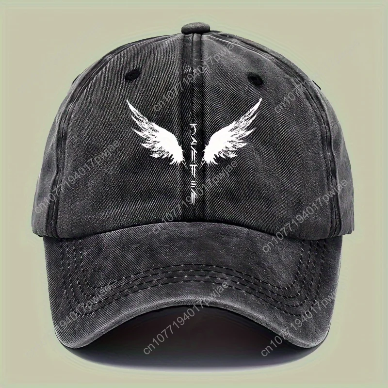 

Vintage Washed Denim Baseball Cap with Angel Wings Print - Black, Adjustable Snapback, Cotton, Hand Washable, Stylish for Men, B
