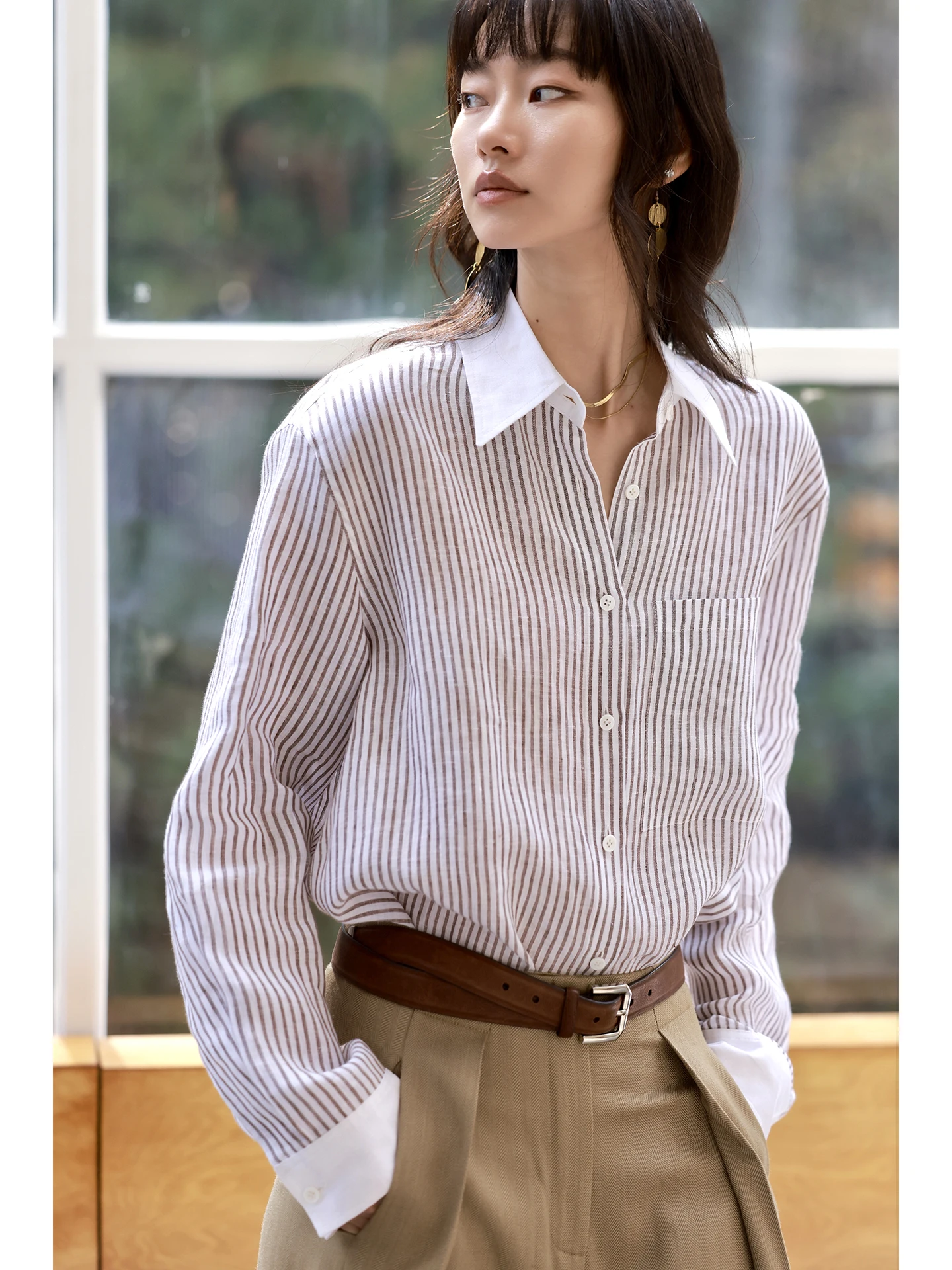 

FANNIU Spring Summer Loose Linen Striped Slow Fashion High Intelligence Loose Shirt Breathable Comfortable Long Sleeve Button up