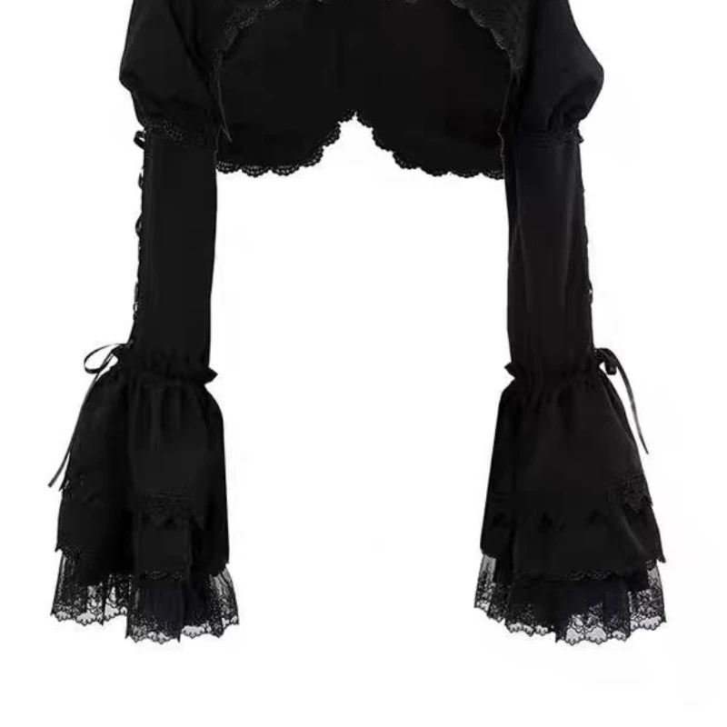 เสื้อคลุมสไตล์โกธิคญี่ปุ่น Y2K โลลิต้า เสื้อคาร์ดิแกนผู้หญิง แขนพองหลวมๆ แต่งลูกไม้สีดำ เสื้อครอปฮาราจูกุ พังก์ เสื้อคลุม
