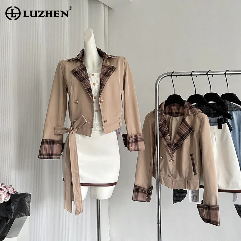 LUZHEN Checked Printed Elegant Casual Short Jacket Women's 2024 New Fashion Lapel Coat Mini Skirt Female Two-piece Sets AA1469