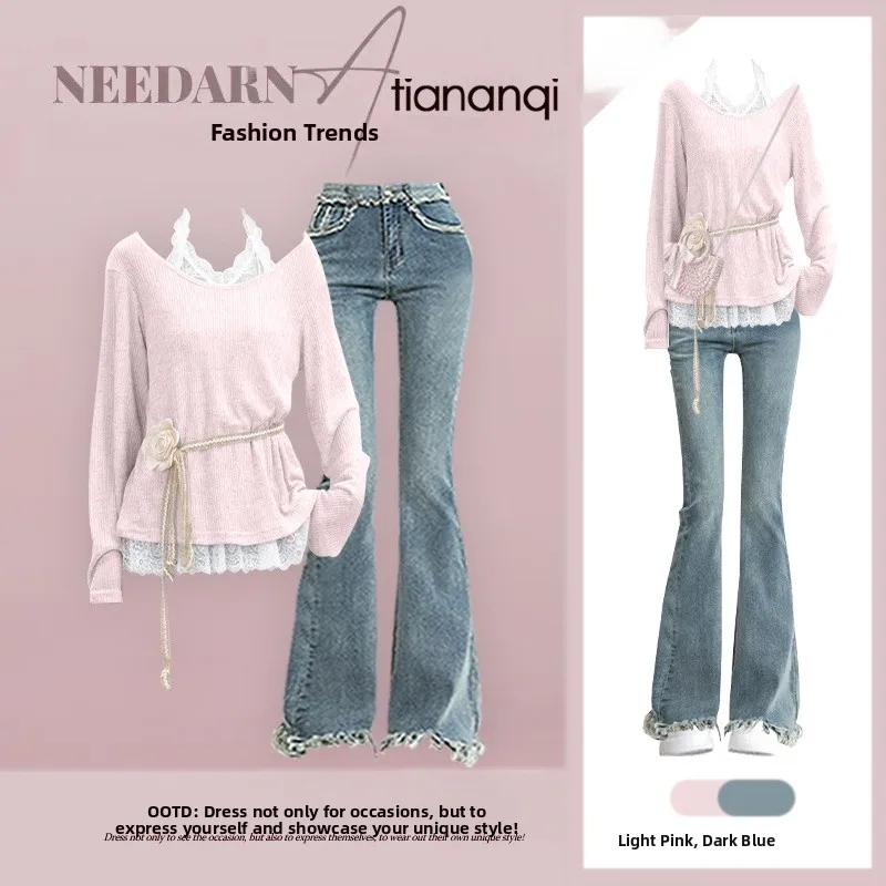 

Корейский комплект: джинсовые брюки с высокой талией и эффектом похудения, топ с длинными рукавами, многослойный дизайн, антивозрастной эффект, весенняя мода для женщин.