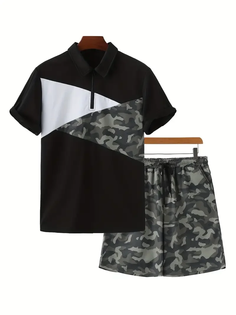 Polo Shirt Shorts Set Camouflage 3D Printed Men's Fashion Hunting Sportswear Oversized Short-sleeved Shirt Pants Set Summer