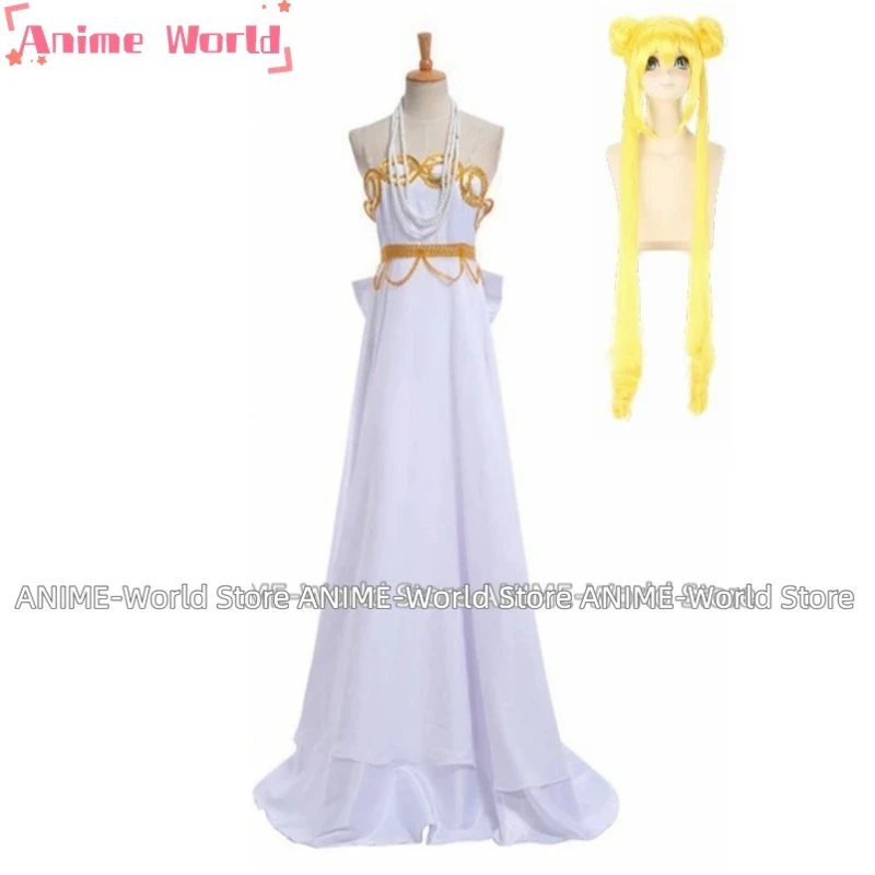 

Anime Crystal Usagi Tsukino Princess Serenity White Queen Dress Wig Cosplay Costumes for 20th Anniversary with necklace