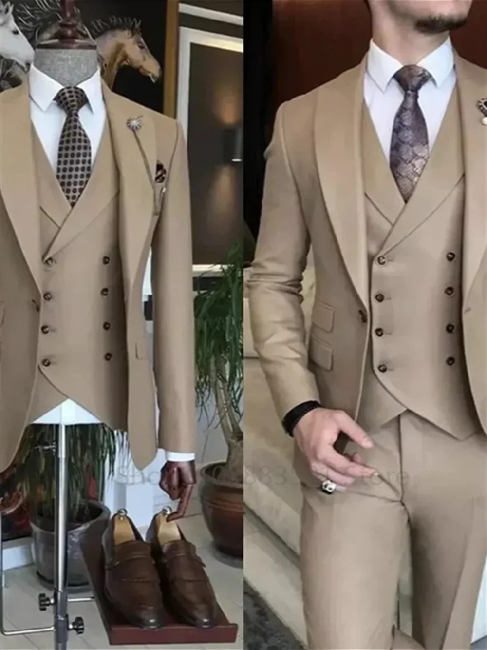 3 Pieces New Business Khaki Formal Men\'s Slim Fit Suits  Wedding Groom Prom Terno Masculino Custom Blazer Jacket Vest Pant Sets