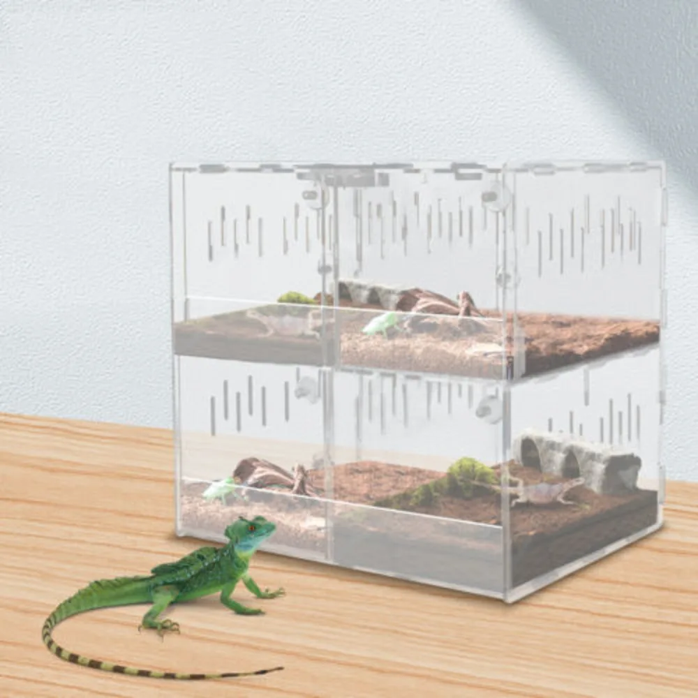 

Bymaocar 4-grid Clear Acrylic Reptile Terrariums Climbing Pet Reptile Cage Non-toxic Odorless W/ Thermometer For Laboratory/home