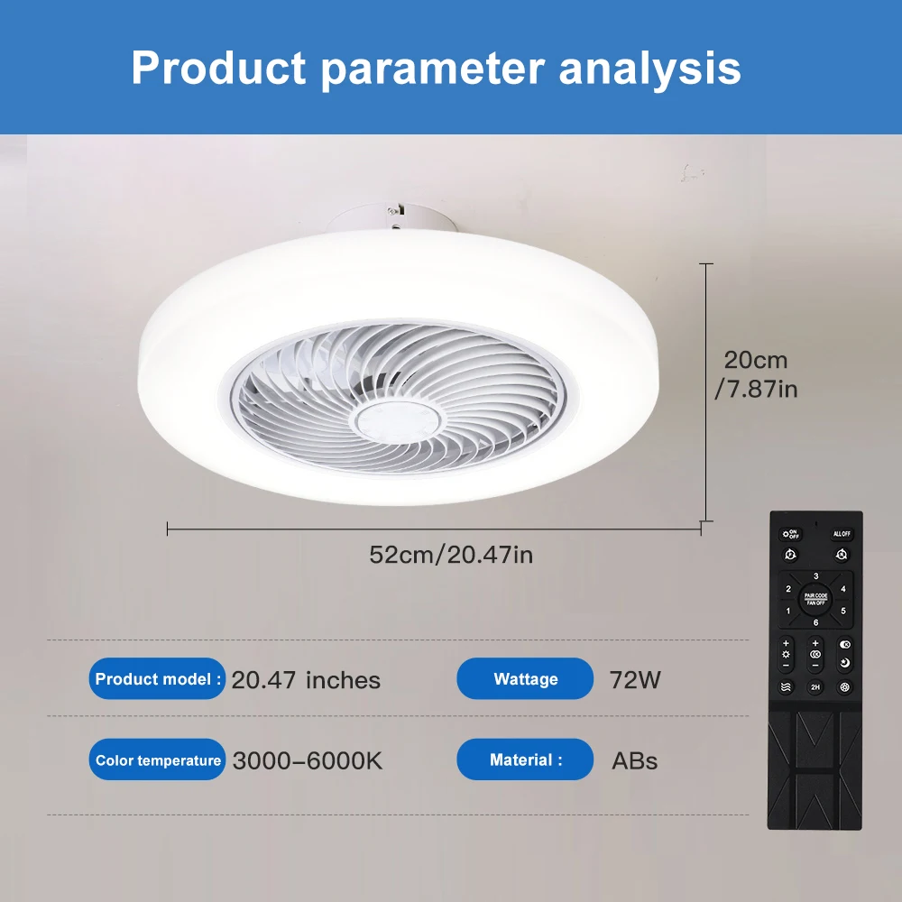 Slimme plafondventilator, ventilatoren met verlichting, afstandsbediening, slaapkamerdecoratie, ventilatorlamp, 52 cm lucht, onzichtbare bladen, stil