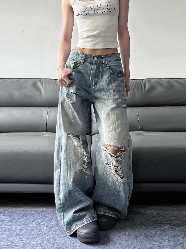 2025 Sommer hohe Taille zerrissene Damen Blue Jeans American Vintage Streetwear Y2K weites Bein Jean 2000er Jahre Hose Baggy Denim Hose