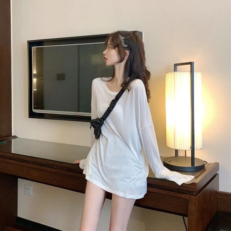 Summer Thin Long Sleeve T Shirt for Women Candy Colors Ice Silk See Through Sun Protection Shirts Woman Loose White Pullover