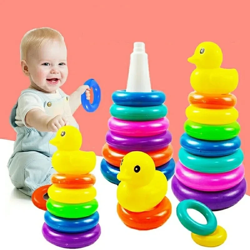 Babyblokken Toren Regenboog Stapelspeelgoed Stapelbekers Schattige baby Kleine eend Toren Regenboog Tacking Circle Educatief speelgoed voor kinderen