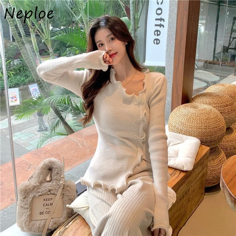 Neploe Sweet Fungus Edge Bottoming Shirt Women Split Irregular Knitting Tops Woman Long Sleeve Solid Color Sweater Shirts Female