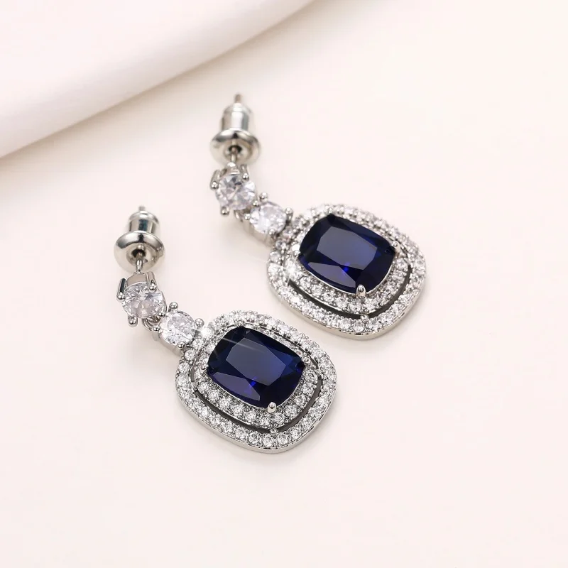 Huitan Noble Blue Cubic Zirconia Wedding Earrings for Women Brilliant CZ Graceful Female Ear Dangle Accessories Fashion Jewelry