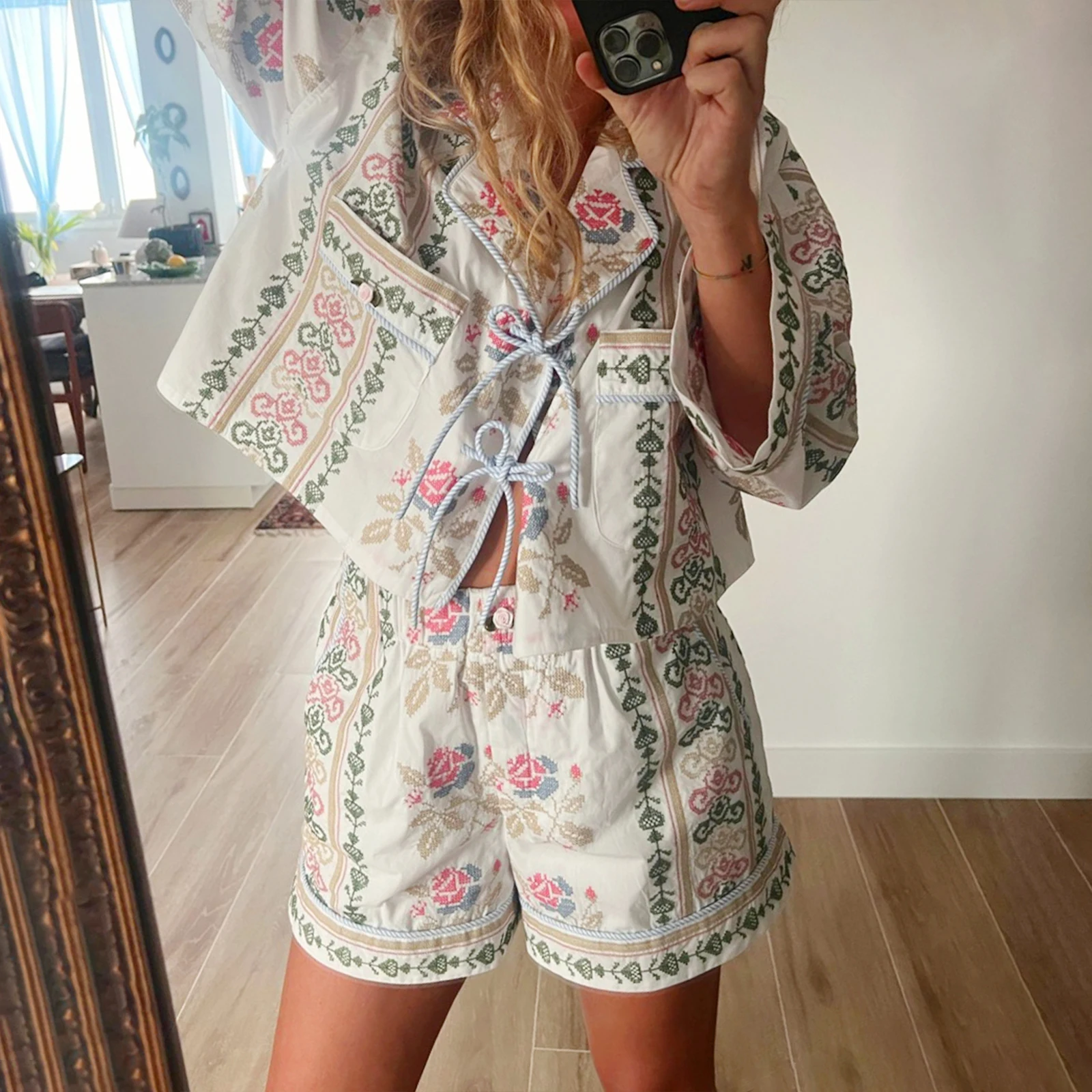 Women y2k Aesthetic Tie Front 2 Piece Clothes Sets Floral Print Long Sleeve Elegant Shirts Tops Loose Shorts Loungewear Outfits