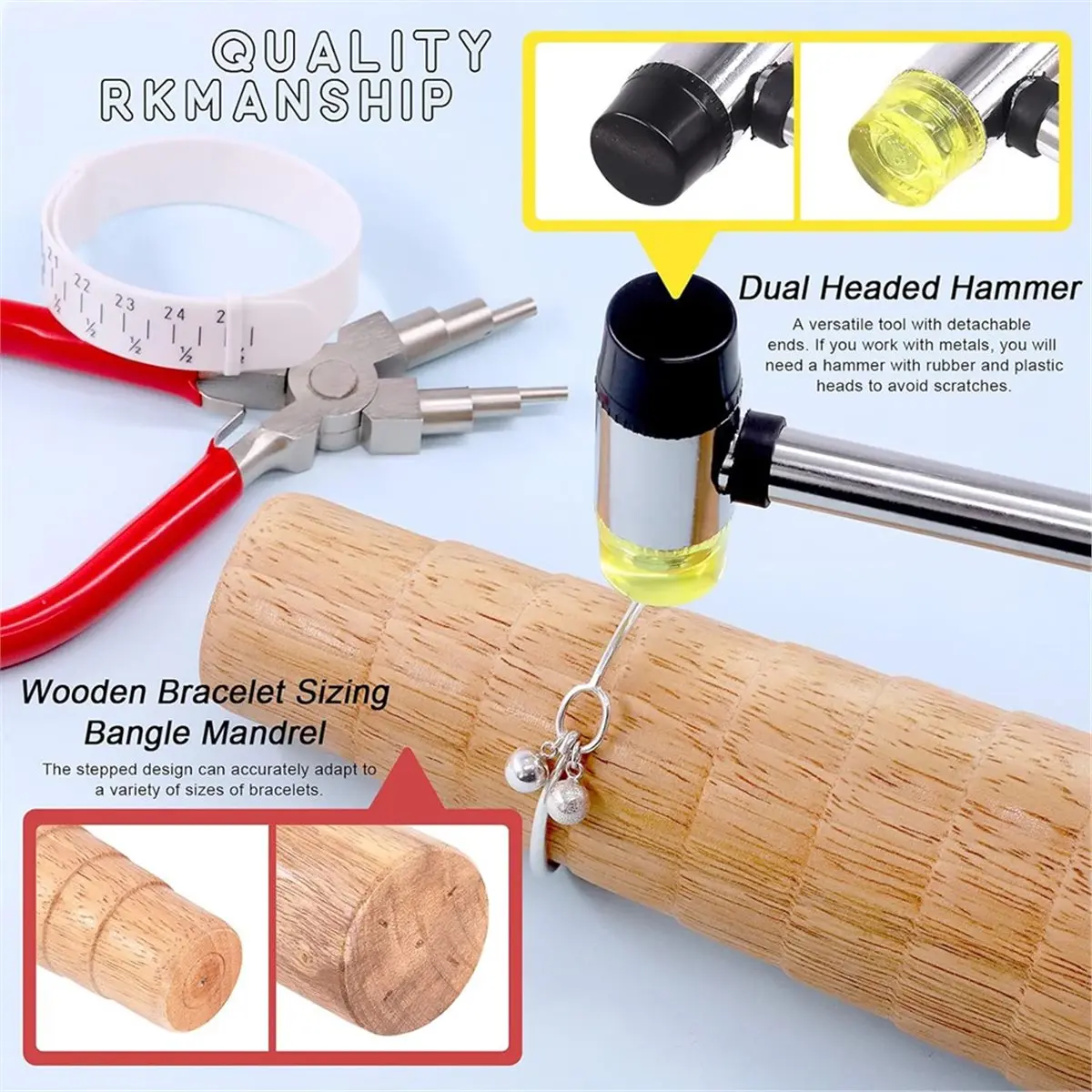 5Pcs Jewelry Tool Set Including Rubber Hammer, Wooden Bracelet Sizing Bangle Mandrel, Jewelry Pliers, for Jewelry Making