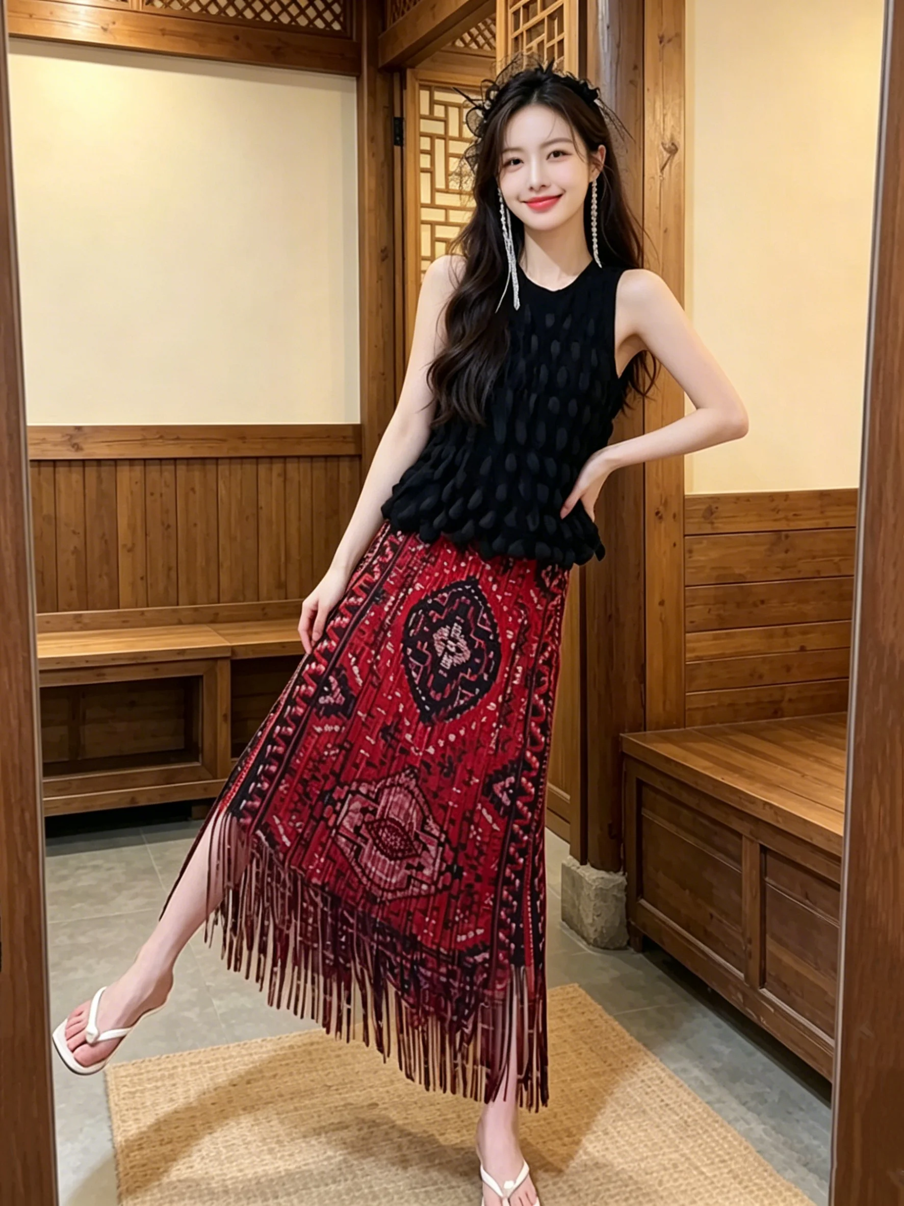 

Summer Outfit Women's Pure Color Top High Waist Retro Print Pleated Half Skirt Set Simple Commute Style Straight Tube Silhouette