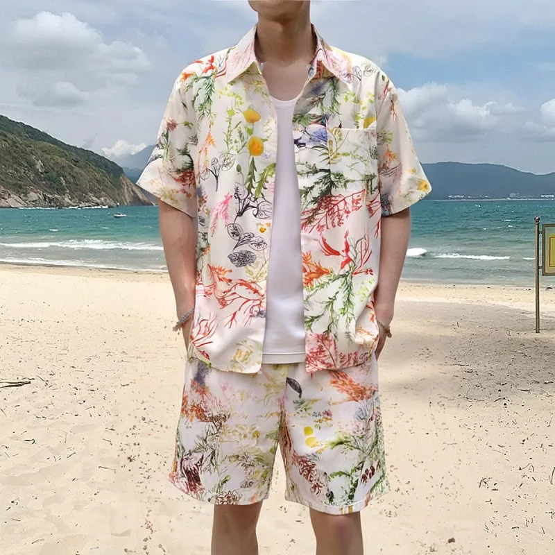 

Hawaiian Beach Shirt Shorts Set Men's Hawaiian 2 Piece Outfit Summer Vacation Short Sleeve Shirt Beach Shorts Set Casual Holiday