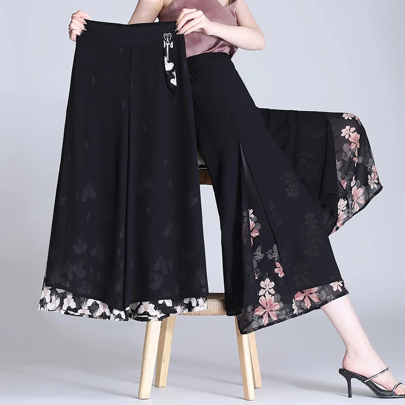 2023 New Summer Retro Wide-leg Pants Women's Clothing Loose High-waisted Flower Pants Nine Points Drooping Chiffon Culottes d111