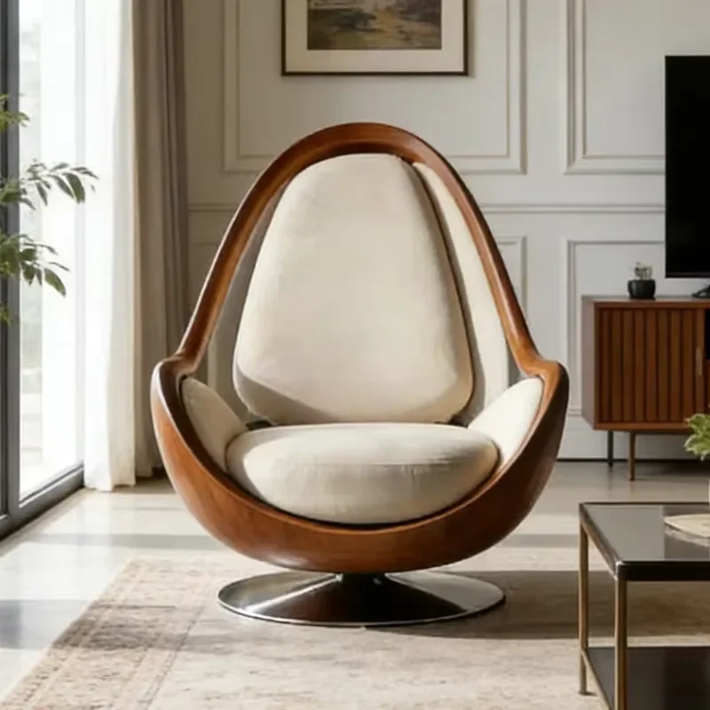 Modern Nordic Egg Swivel Lounge Chair Cream Upholstered Accent Living Room Armchair Single Sofa Seat Living Room Furniture