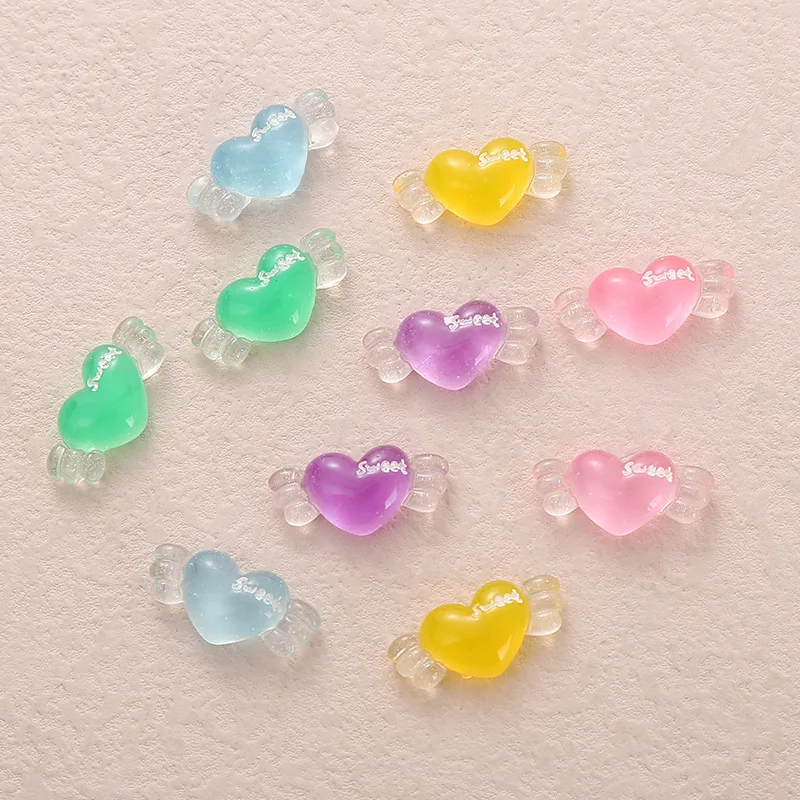 

10Pcs Colour Transparent Wings love Heart DIY Shoes Hat Icebox Barrette Mobile Phone Case Scrapbook Cream Glue Flat Back Resin