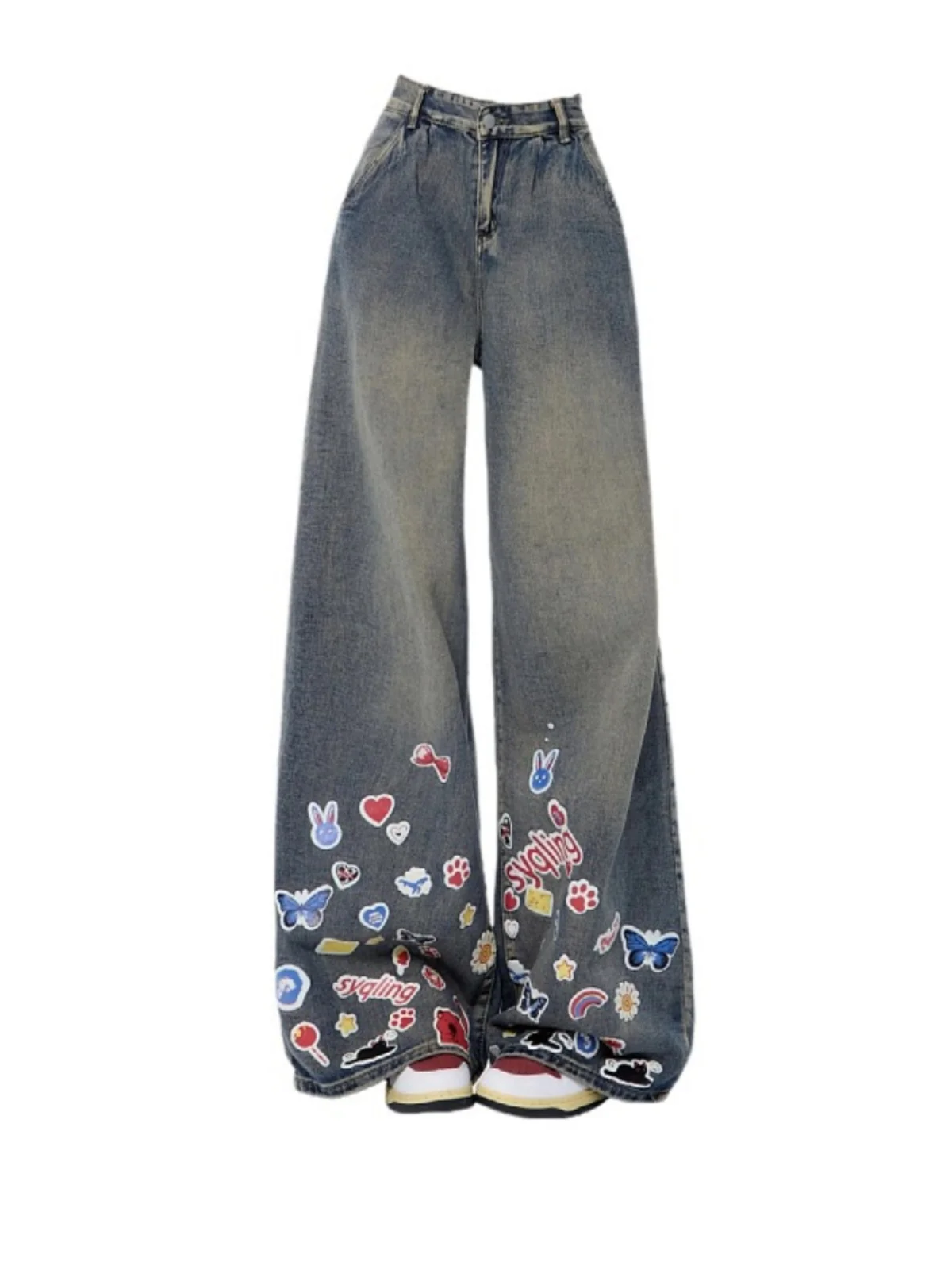 plus Size Women's Cartoon Print Wide Leg Jeans High Waist Loose Fit Spring Design Long Casual Trousers Blue Waed Denim