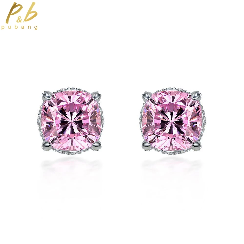 

PuBang Fine Jewelry Solid 925 Sterling Silver Pink Sapphire Stud Earrings Created Moissanite for Women Party Gifts Drop Shipping