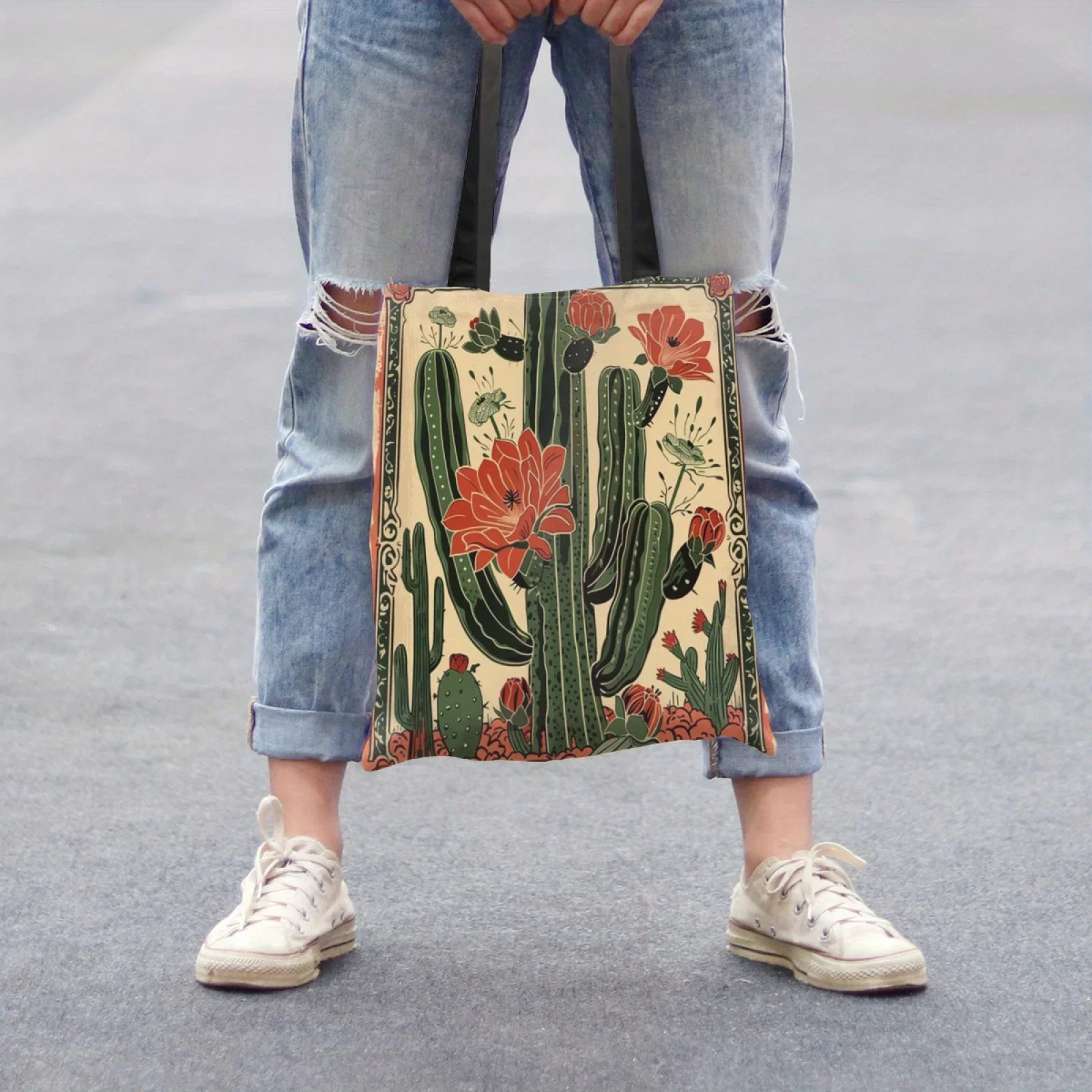 Shopping Bags Canvas Printing 1pc Vibrant Mexican Cactus Print Tote Bag Stylish Polyester Shoulder Handbag for Beach Travel