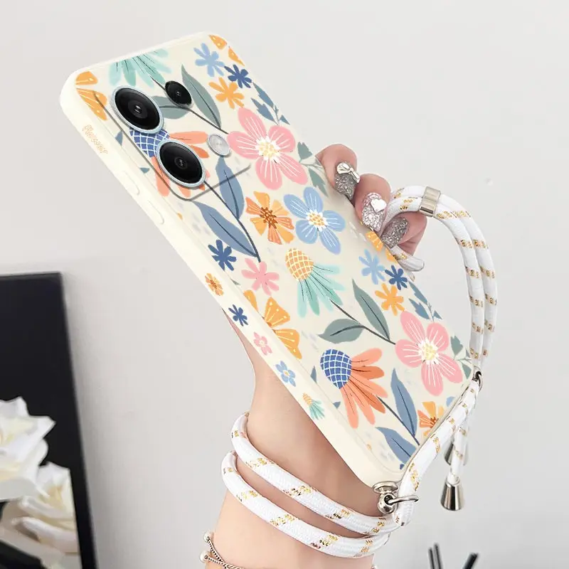 Note13 Blooming Season Lanyard Silicone Phone Case For Xiaomi Redmi Note 13 13Pro Plus Shatterproof Redmi Note 13Pro Back Cover