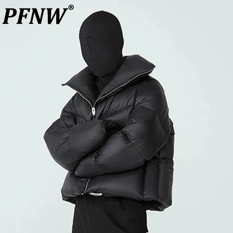 PFNW 90 White Duck Down Thick Coat Unisex Short Style Stand Collar Black Super Thick Cotton-padded Coat For Men 2024 New 12C1674