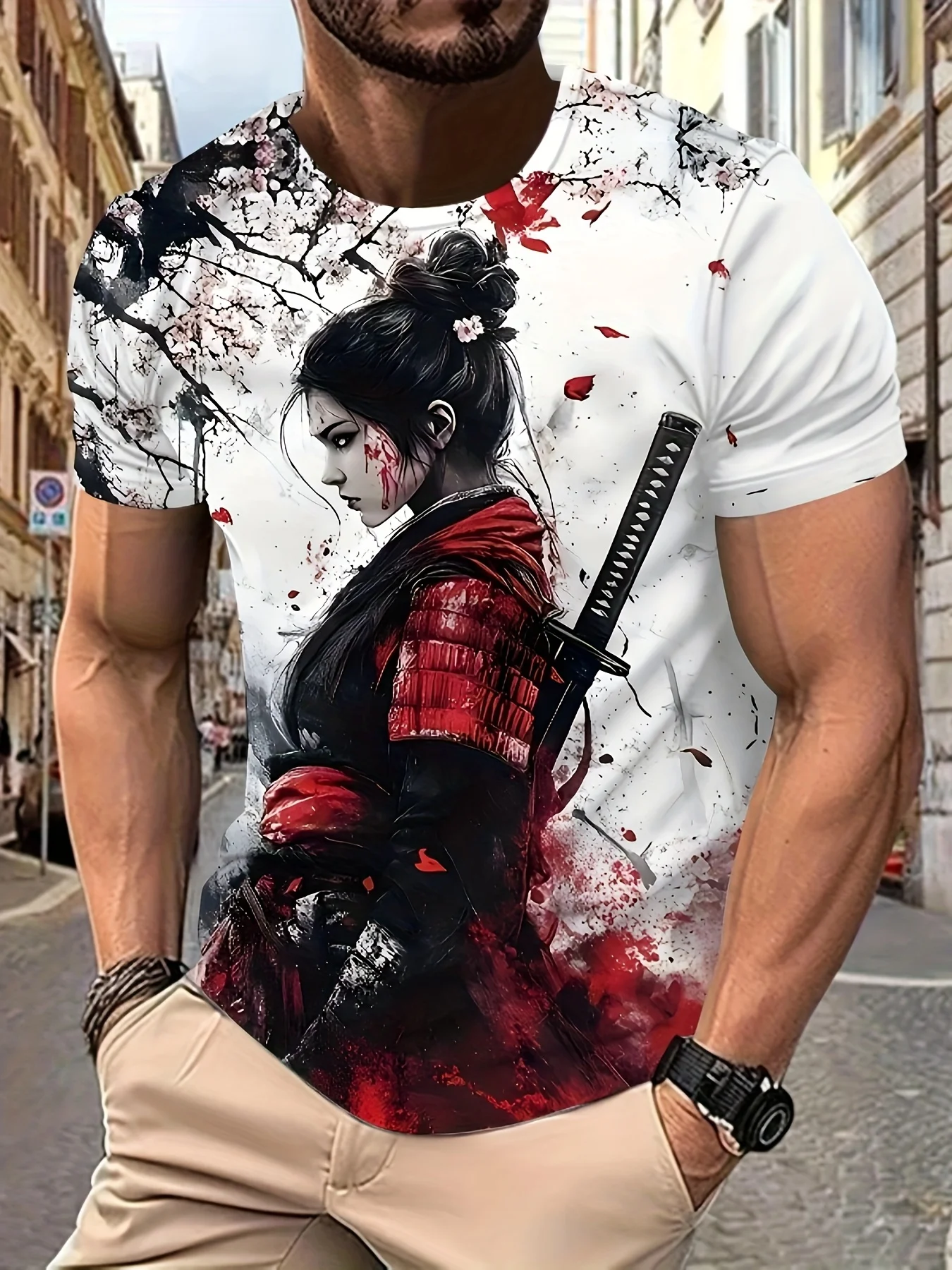 Men's Anime Samurai Girl T-Shirt, Ink Wash Cherry Blossom Katana Print, Breathable Quick Dry Tee for Comic Con & Festival Events