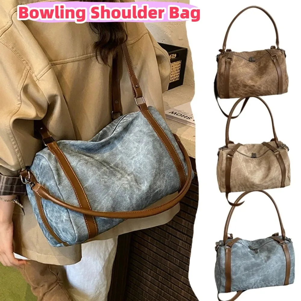 

Portable Korean Style Bowling Shoulder Bag PU Leather Vintage Boston Crossbody Bag Retro Elegant Pillow Handbag Outdoor