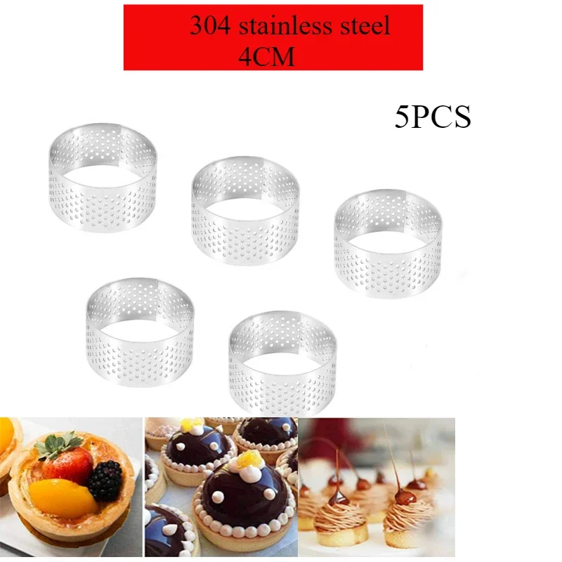 

5P 4cm Round Stainless Perforated Seamless Quiche Ring Pan Pie with Hole Tart Shell Culinary Tarte Molds for Baking Cake Anillo