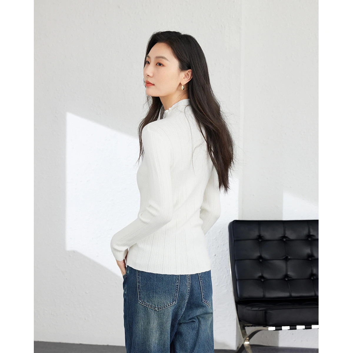 VIMLY سترة نسائية غير رسمية برقبة وهمية لخريف 2025 بلوفرات متينة متعددة الاستخدامات بسيطة بأكمام طويلة ملابس علوية ضيقة للسيدات 73531