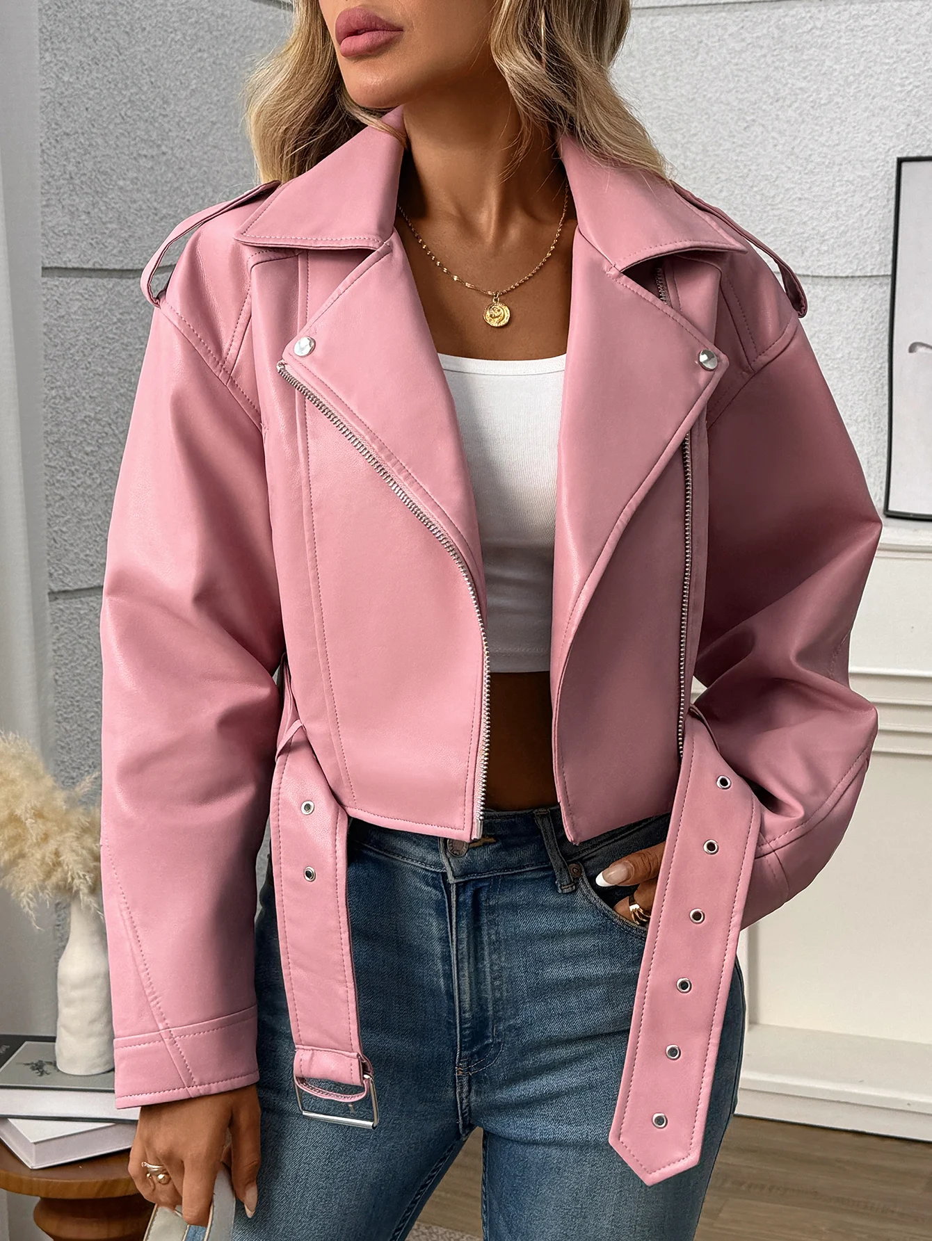 سترة Fitaylor النسائية المصنوعة من الجلد الصناعي مع طية صدر السترة للدراجات النارية من الجلد معطف وردي كاجوال