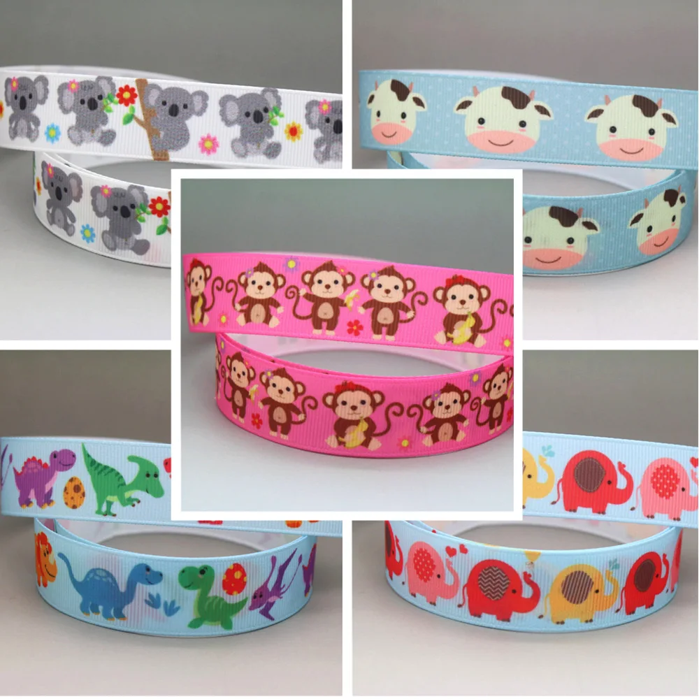 DHK 50yards Monkey Elephant Dinosaur Koala Printed Grosgrain Ribbon Accessory Hairbow Headwear Decoration Wholesale Craft S1030