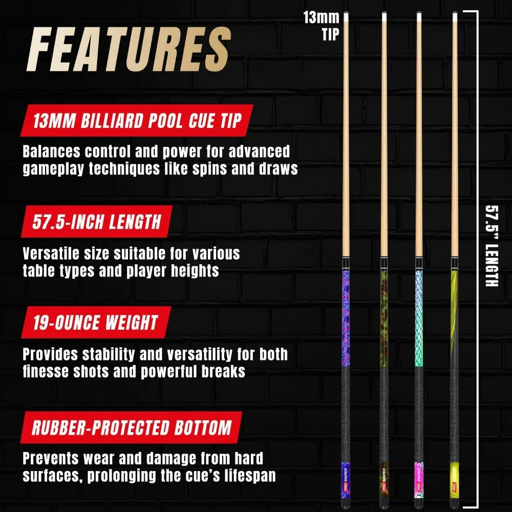 مجموعة عصا حمام السباحة المكونة من 4 قطع من الدرجة الاحترافية مع أعمدة القيقب الكندية وأطراف الانحراف المنخفض والطباشير الإضافية للعبة المحسنة