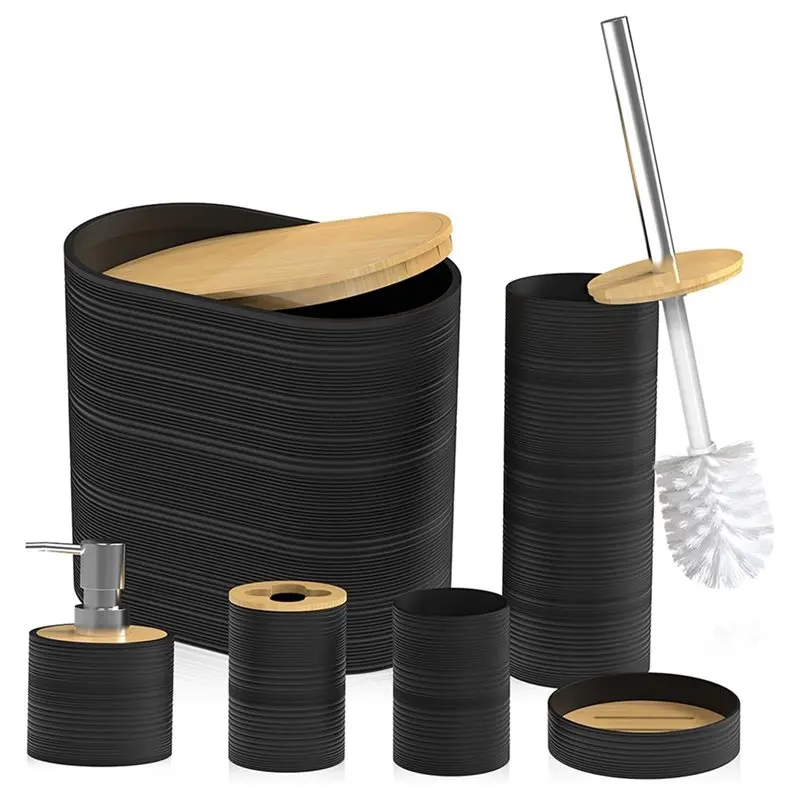 Bathroom Accessory Set-6-Pcs Black Set Including Trash Can& Soap Dispenser For Housewarming-AA26
