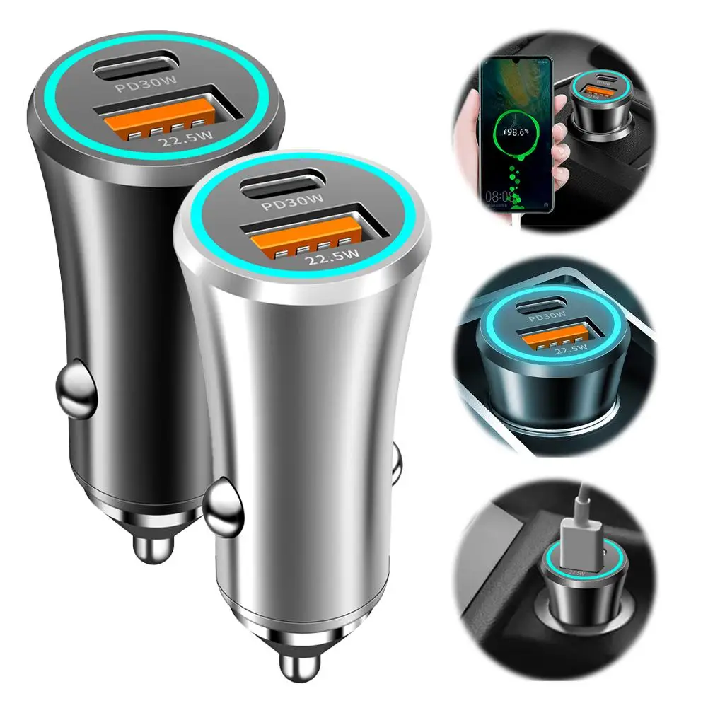 

Car USB Charger Mini USB PD 30W QC22.5W ABS Aluminum Alloy Type C Fast Charging In Car USB-C Adapter For IPhone B7D3