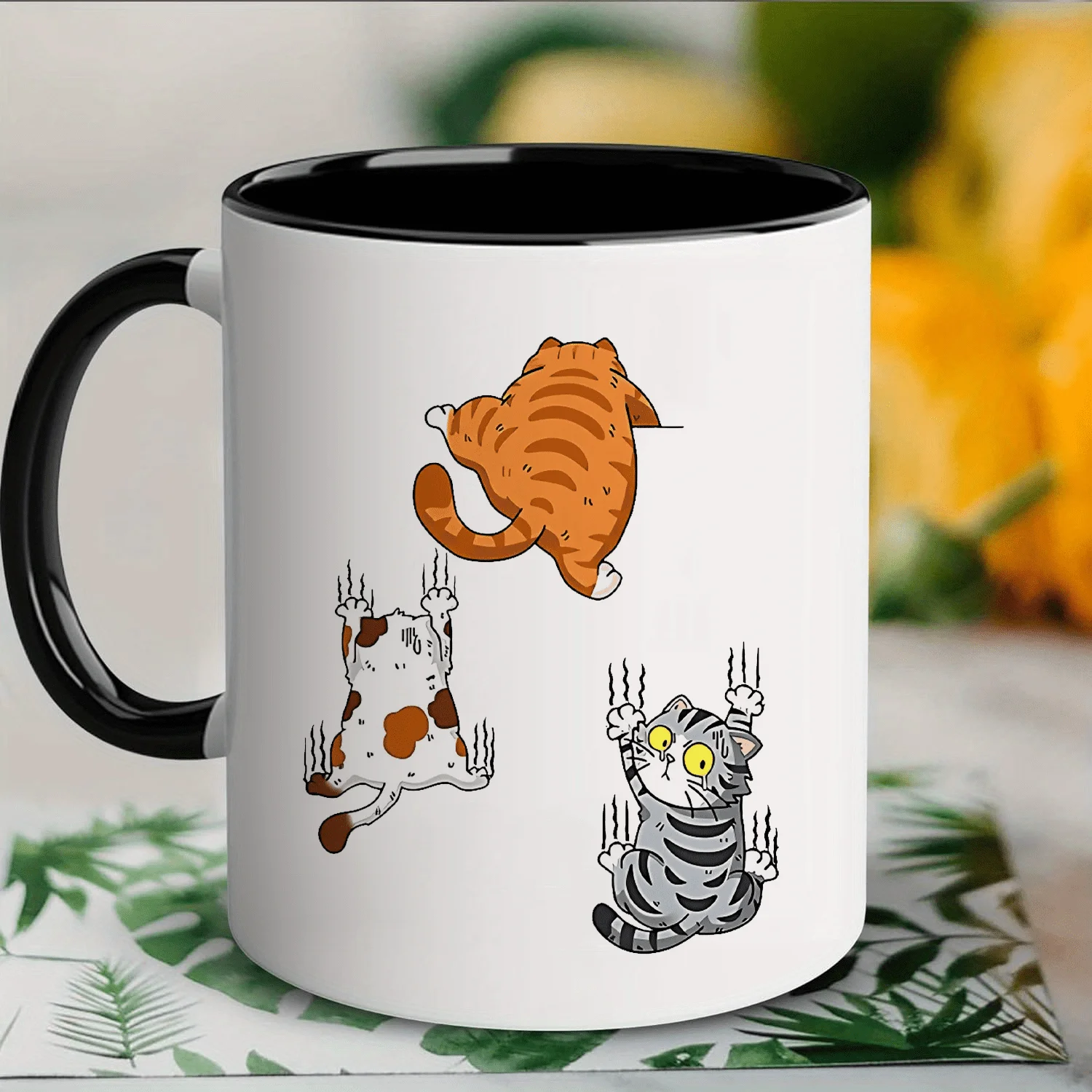 Humorous Cat Scratch Ceramic Coffee Mug - Optimistic Cartoon Cat Design, Insulated and Reusable - Perfect Gift for Cat Powder, H
