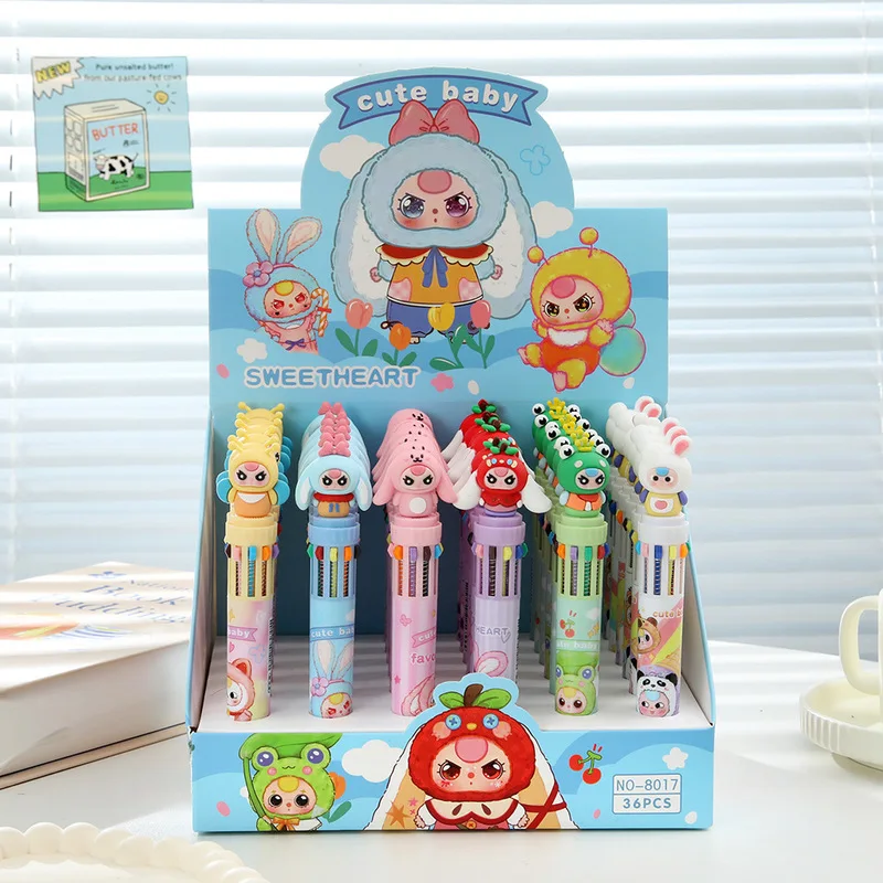 36pcs Ballpoint Pen Kawaii 10 Colors Set Painting Mark Cute Cartoon Figure Multi-Functional Writing Pen For Students Stationery