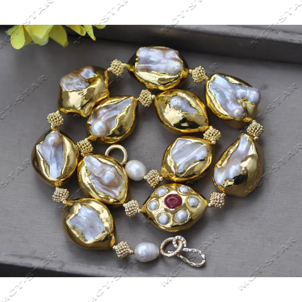 

Z14302 Huge 22" 33mm White Baroque Pearl Gilding Golden Bead Necklace