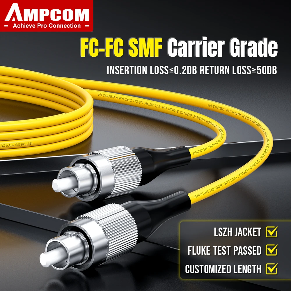 AMPCOM كابل الألياف FC إلى FC وضع واحد كابل تصحيح الألياف البصرية البسيط UPC 9/125μm، OS1/2 SMF 1/2/3/5/10/15 متر LSZH OFNR