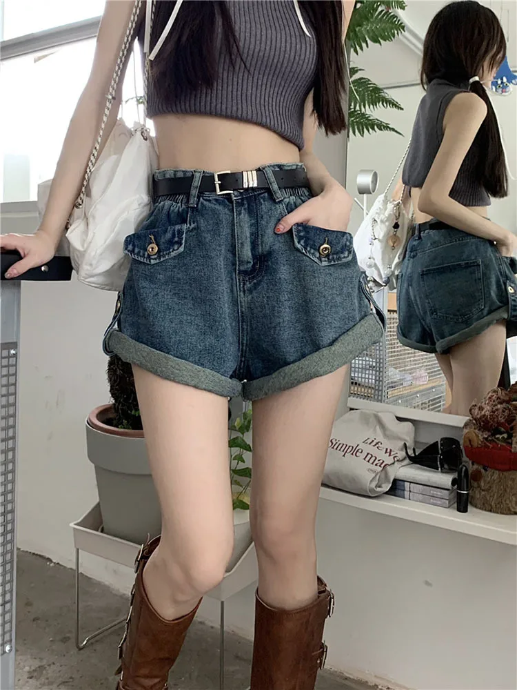 

Solid Color Crimping Blue Denim Super Shorts Women's Summer American Street Casual A-Line Hot Girl Loose Mini Shorts Female