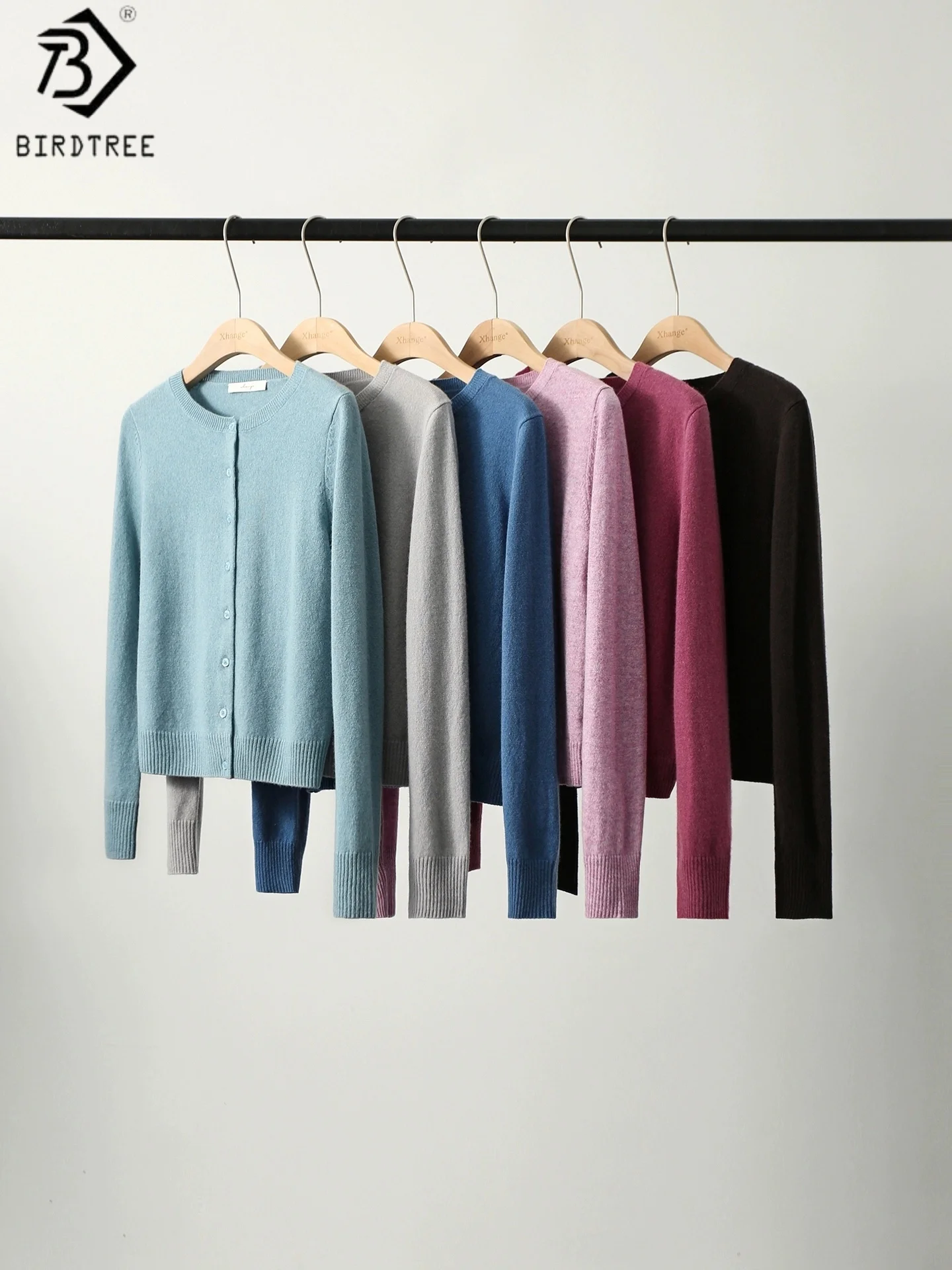 

Birdtree, однотонный кардиган из 100% кашемира, женское однобортное осеннее вязаное пальто с длинными рукавами и круглым вырезом, итальянское мастерство T58917JF