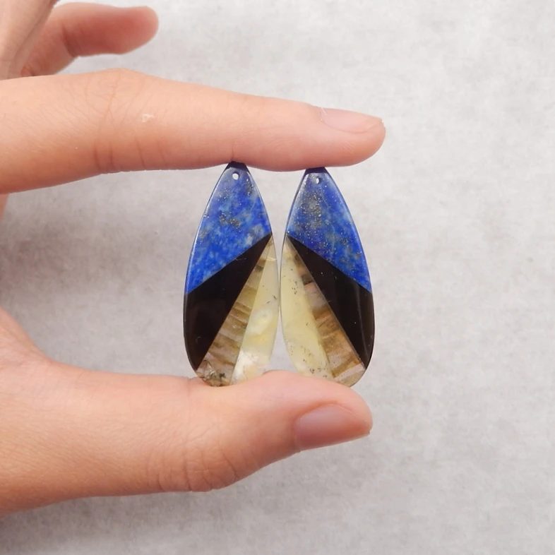 

Pair Natural Stone Lapis Lazuli Obsidian Labradorite Yellow Opal Intarsia Gemstone Earring Beads - Unique Jewelry Accessories