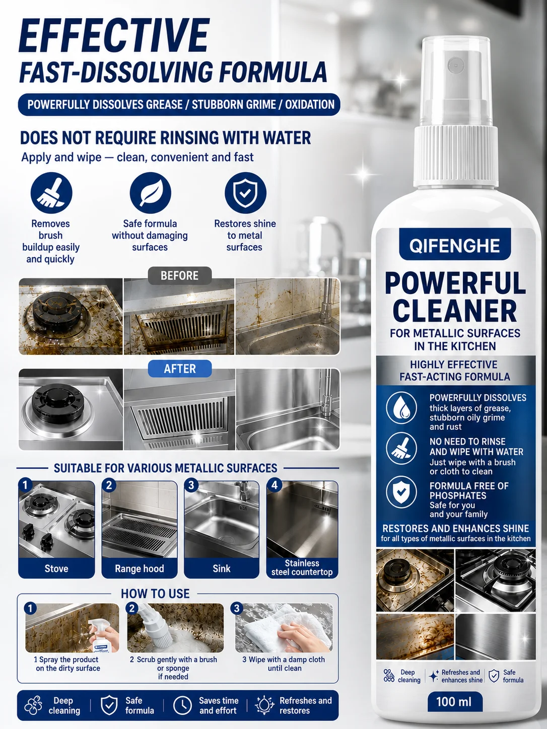 QIFENGHE Powerful Kitchen Metal Cleaner Spray 100ml, No‑Rinse Degreaser, Remove Grease Oil Rust Stain for Stove Sink Stainless S